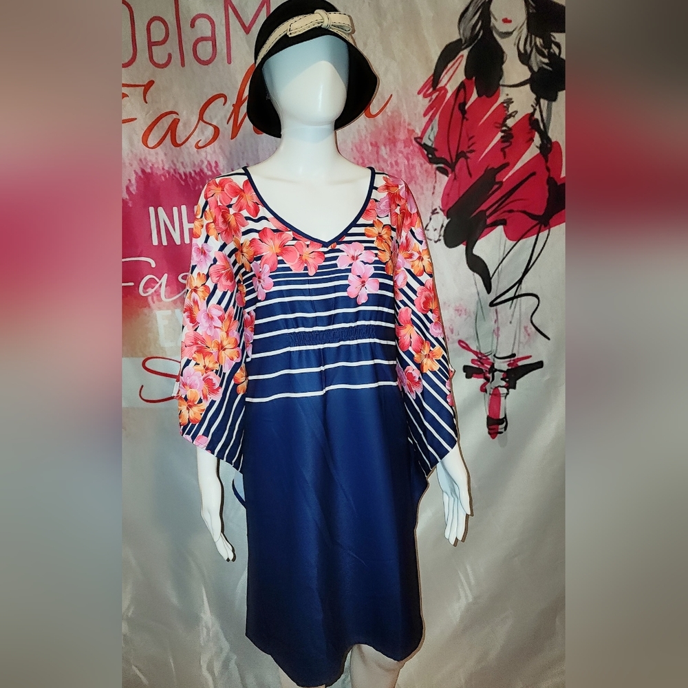 Swimsuits for all floral navy cold shoulder kimono or cover up